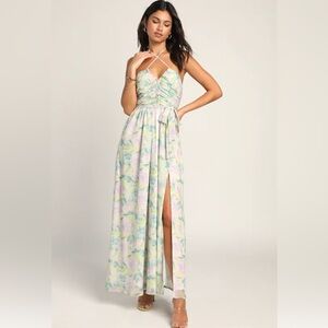 NWT Lulu’s Green Multi Floral Ruched Halter Maxi Dress, size medium